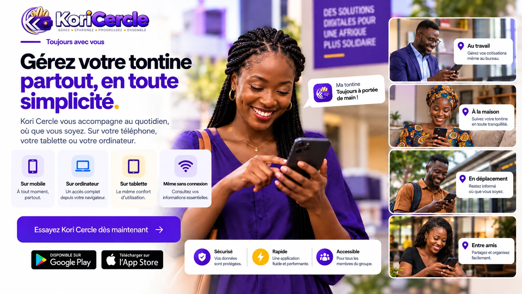 Une utilisatrice de Kori Cercle consultant sa tontine depuis son téléphone