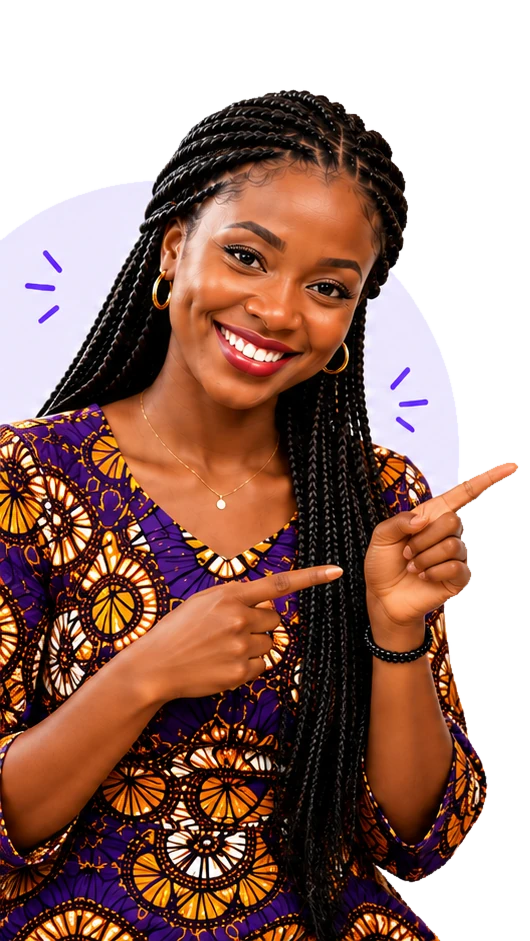 Une femme souriante en tenue africaine colorée montre du doigt les questions que se pose un groupe pour gérer sa tontine